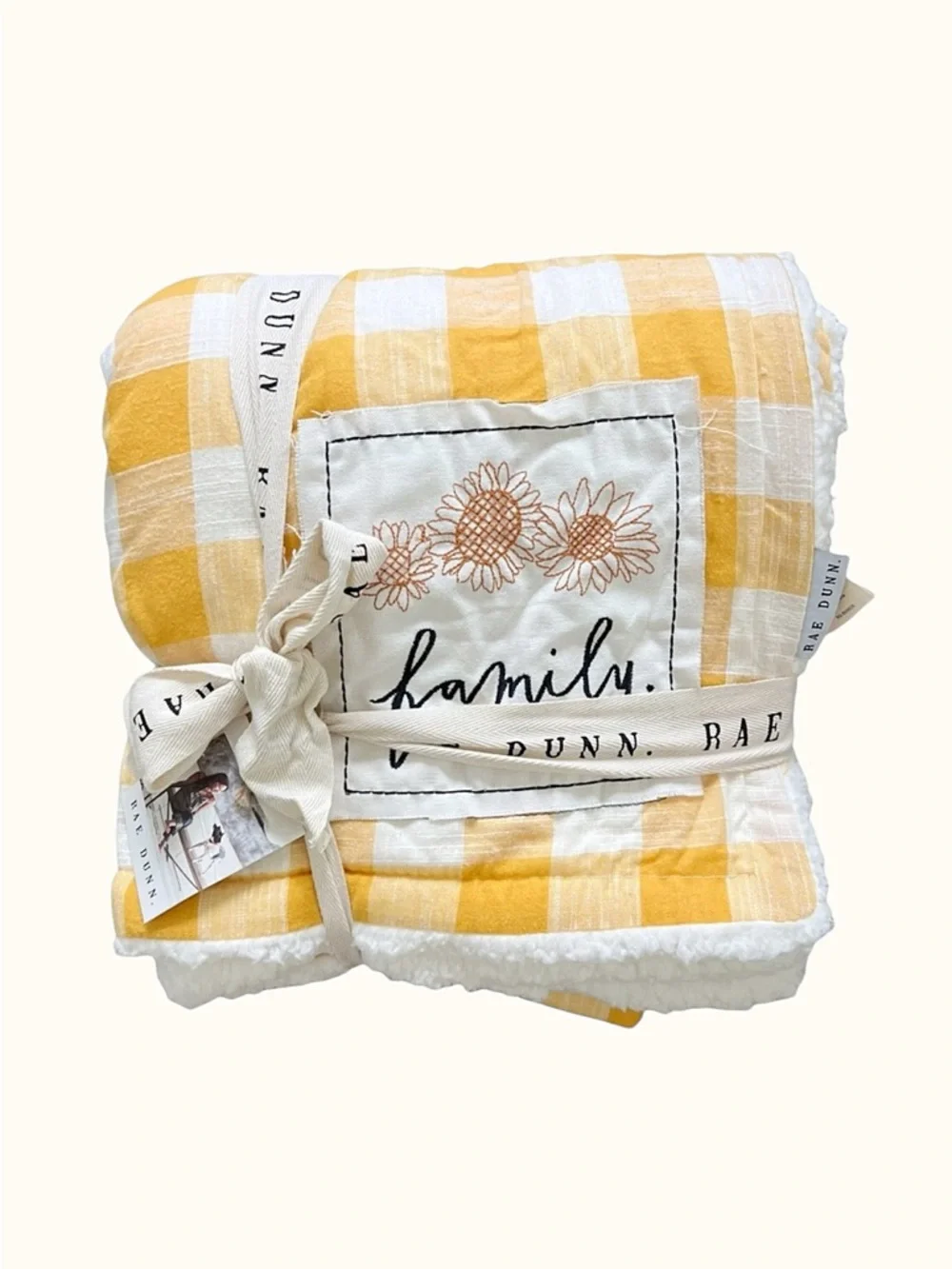 Rae Dunn FAMILY Golden Yellow and White Buffalo Check Gingham Sherpa Throw